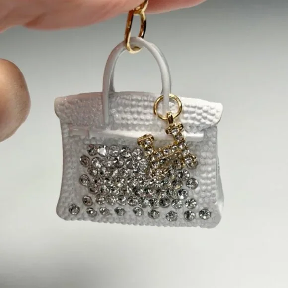 Fashion Jewelry Purse Keychain White Rhinestone Handbag Charm Bling Y2K Designer - Picture 2 of 9